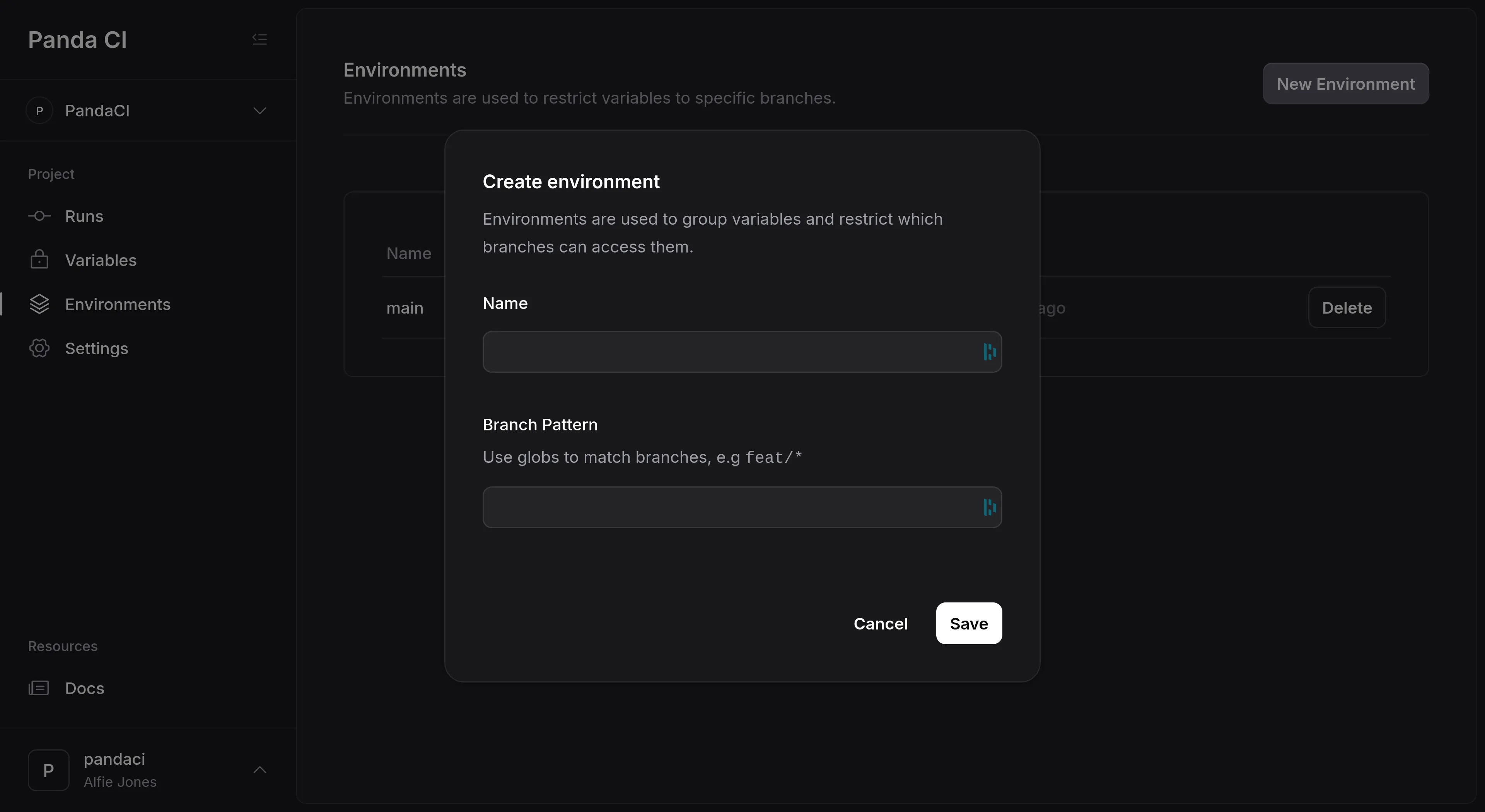 Creating an environment in PandaCI