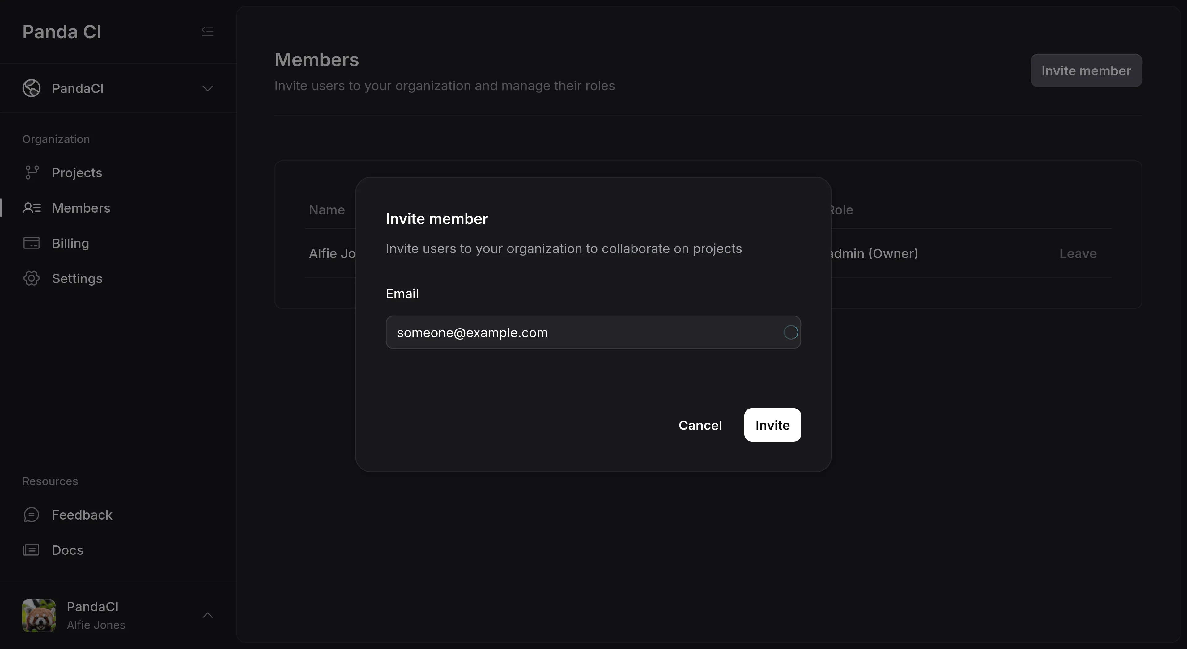 Inviting a member to an org in PandaCI