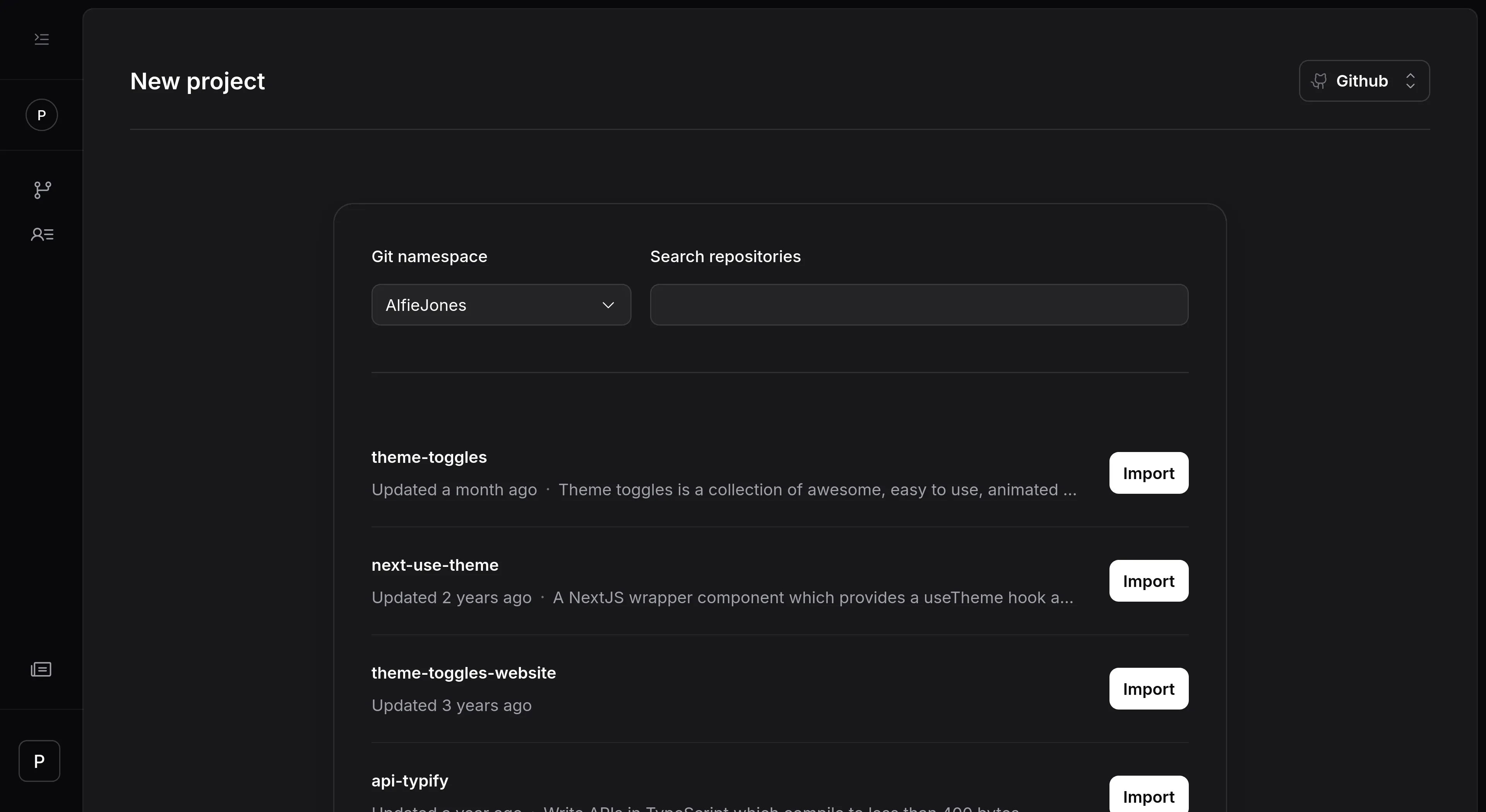 List of available github repos in the panda-ci app